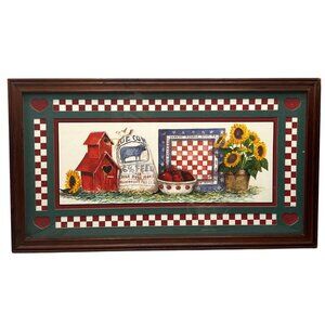 90s Home Interiors Framed Country Art Gamboa Barn Birdhouse Sunflower Feed Sack